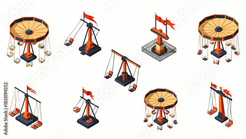 Collection of colorful amusement park rides depicted in a modern isometric illustration style.