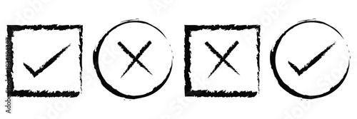Brush, marker drawn check mark and cross icon set Collection of hand drawn drawn tick symbol, chalk checkmark illustration. Check mark grunge icon set. Hand drawn check tick mark icon set. x marks