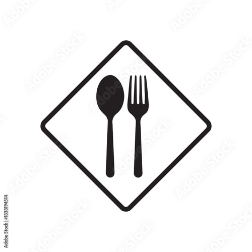 Minimal Spoon and Fork Silhouette Icon in Diamond Frame on White Background