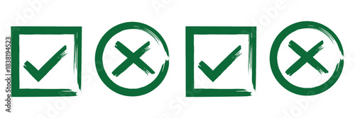 Brush, marker drawn check mark and cross icon set Collection of hand drawn drawn tick symbol, chalk checkmark illustration. Check mark grunge icon set. Hand drawn check tick mark icon set. x marks