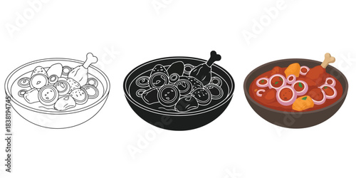 Bowl of chicken curry or stew with drumstick, onion slices, and vegetables, line art, silhouette, and color variations