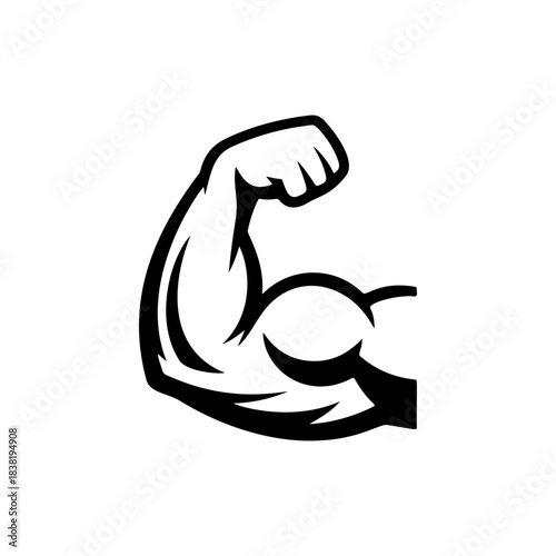 A strong black and white vector logo of a flexing bicep and clenched fist, symbolizing strength, fitness, power, and muscle growth.