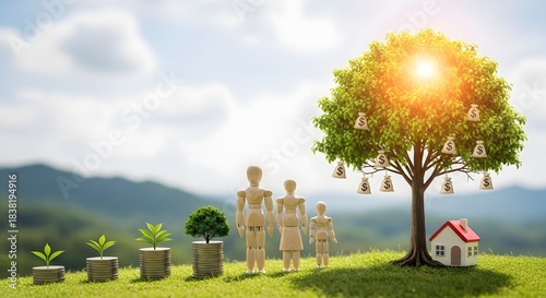 Family wealth building and sustainable financial planning. Long-term investment and secure future. Wooden figures standing by a money tree and a house with growing coin stacks