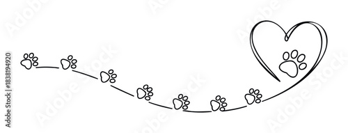 Paw print path leading to a heart shape symbolizing love and companionship, perfect for pet care themes and animal loyalty designs
