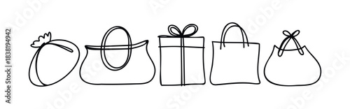 Line drawings of shopping bags, a gift box, and a strawberry presented in a row for retail and giftgiving concepts