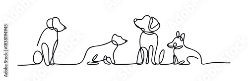 A minimalist continuous line drawing features a group of four dogs of varying breeds and sizes sitting together, perfect for pet care services, veterinary clinics, or animal adoption