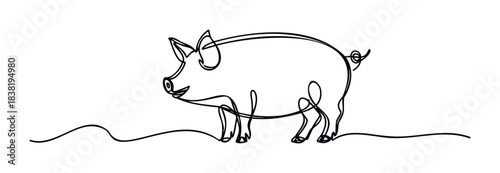 Minimalist single line drawing of a pig with curly tail and hooves, symbolizing farm life and agriculture, perfect for food industry branding and rural themes.