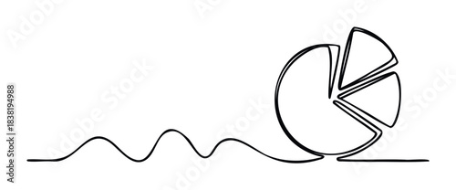 Single line drawing of a pie chart with a wavy line representing growth or progress, suitable for business and financial presentations.