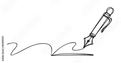 Minimalist single line drawing of a fountain pen writing a flowing abstract line suggesting creativity and communication for writing or journaling themes