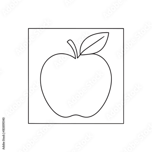 Outlined Apple Icon with Leaf in Square Frame on White Background