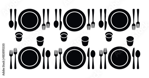 Table setting with plates forks spoons and glasses arranged in two rows for dining occasion use in restaurant menu and catering promotion