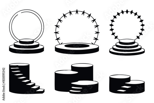 Collection of diverse pedestals and stage designs including tiered platforms, circular frames with spikes and geometric accents, and ascending stairs for product display and presentation