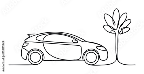 Minimalist line drawing of a modern compact car parked next to a stylized tree, representing eco friendly transportation and nature connection, perfect for environmental campaigns and