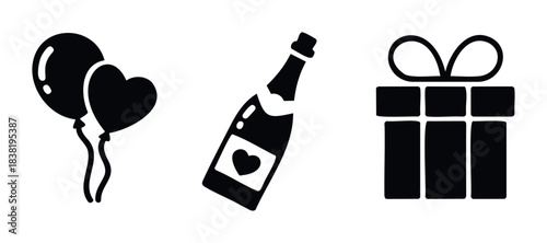 Celebration icons featuring balloons, a champagne bottle with a heart label, and a gift box for festive occasions like birthdays and anniversaries, perfect for invitations and social media