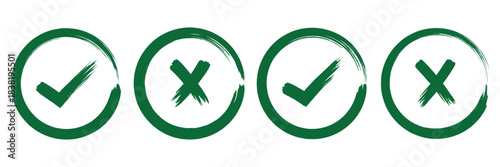 Tick and cross mark grunge brush painted vector symbols. Green checkmark and red X icon. Hand drawn doodle sketch style. Yes and no button for approval and rejection