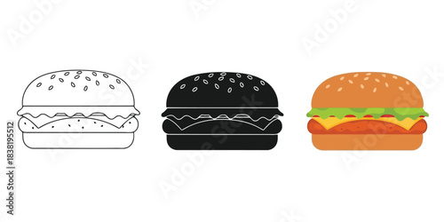 Set of three hamburger icons outline, solid black silhouette, and full color illustration
