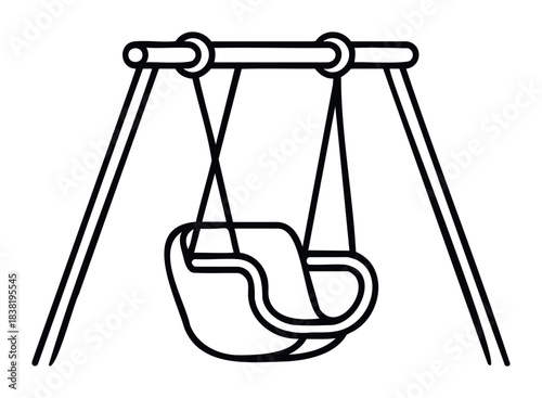 Simple outline drawing of a baby swing set with seat suspended by chains on a white background, perfect for playground themes and childhood concepts