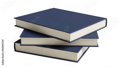 Stack of three blue hardcover books isolated PNG, knowledge and education concept for library or bookstore design on transparent background