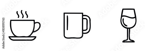 Collection of simple line icons representing a hot beverage mug, a plain mug, and a wine glass, perfect for menus, websites, and presentations on food and drink themes.