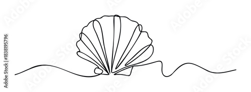 Simple line drawing of a seashell resting on a wavy ground, representing nature and summer holidays, perfect for oceanthemed websites and vacation brochures.