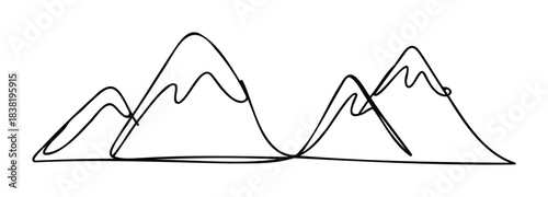 Minimalist outline drawing of majestic mountains in a panoramic landscape, perfect for travel and adventure themes