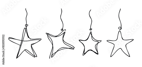 Hand drawn simple stars hanging by strings representing celebration and wonder, perfect for festive greetings or seasonal promotions.