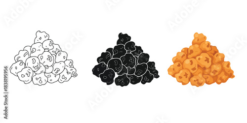 Set of three piles of popcorn outline, solid black, and cheese flavored, white