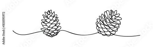 Minimalist line drawing of two pine cones resting on a wavy line, perfect for natural themes and seasonal decor projects
