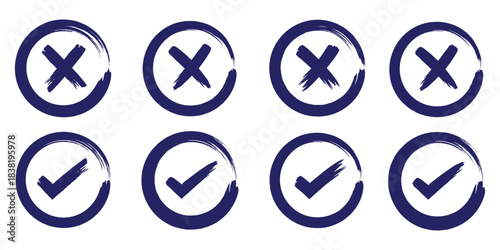 Tick and cross mark grunge brush painted vector symbols. Green checkmark and red X icon. Hand drawn doodle sketch style. Yes and no button for approval and rejection