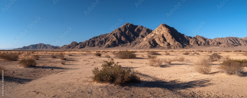 Fototapeta premium Wide desert landscape with rugged sunlit mountains and scattered dry bushes under a clear blue sky, ideal for nature themes, travel visuals, and cinematic scenic backgrounds