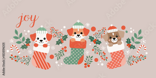 Festive puppies with winter accessories and stockings bring holiday joy
