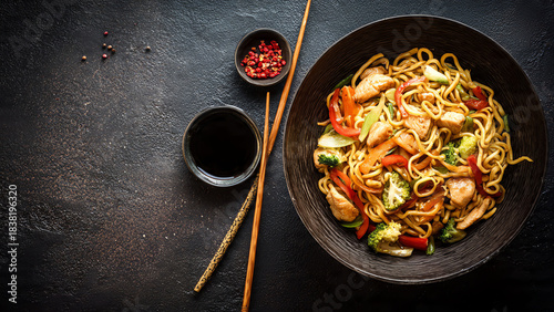 asian food cooking wok with noodles chicken