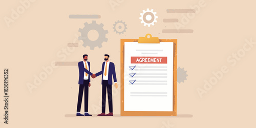 Business agreement and handshake illustration with gears and a clipboard