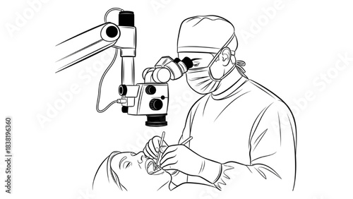 Surgeon Using Microscope for Delicate Oral Microsurgery Silhouette Line Art