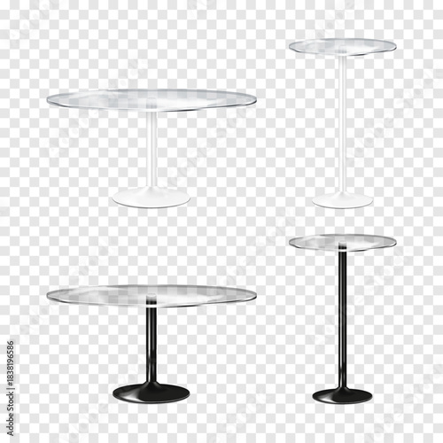 Table with round clear glass tabletop on single leg. Realistic 3d vector mockup set. Black and white. Mock-up. Circular transparent counter on metal pedestal round base. Template for design