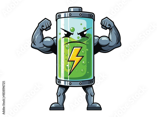 A cartoon illustration of a fully charged battery with muscular arms and legs, flexing its biceps, with a lightning bolt symbol on its front.