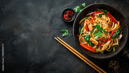 asian food cooking wok with noodles chicken