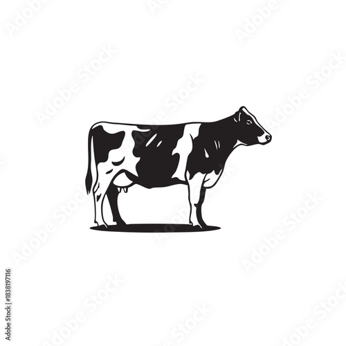 Cow vector illustration. Black and white dairy farm animal silhouette. Beef or milk cattle logo icon isolated on white background. Livestock branding symbol.