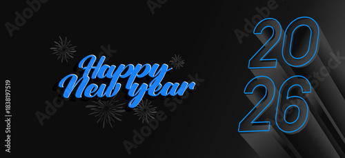 Happy New Year 2026, blue text with long shadow effect and fireworks on a black background. Modern Happy New Year 2026 design, Ideal for greeting card and banner social media.