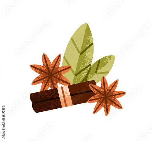 Icon of spices. Condiments for cooking food and drinks. Flavorings for mulled wine. Dry seasonings: star anise, cinnamon sticks and bay leaves. Flat isolated vector illustration on white background.