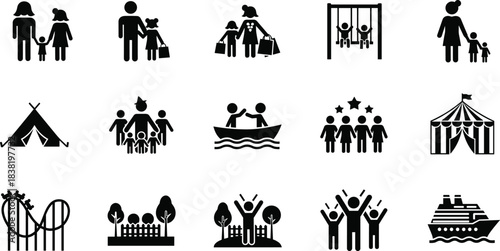 Family leisure trip, activity and recreation icon set, parents with children, amusement park, camping, boating, carnival tent, cruise ship vacation, friends fun, playground swing, 
