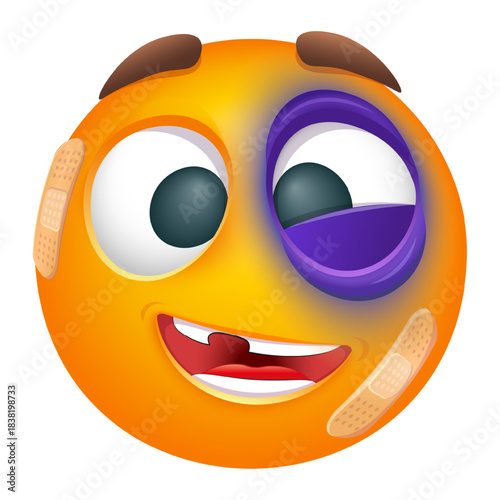 Injured emoji face with a black eye, bruises and bandages. Funny emoticon in a humorous cartoon style on white background