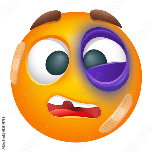 Injured emoji face with a black eye, bruises and bandages. Funny emoticon in a humorous cartoon style on white background