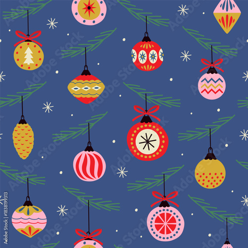 Seamless Pattern of Christmas Ornaments on Blue Background