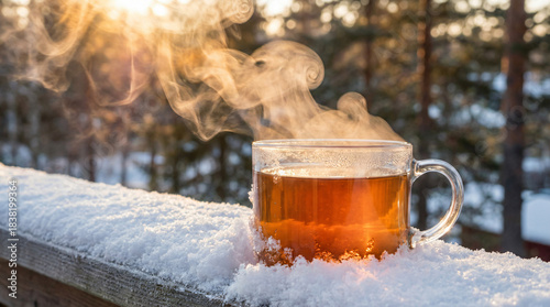 Mug of steaming hot tea outdoors in winter