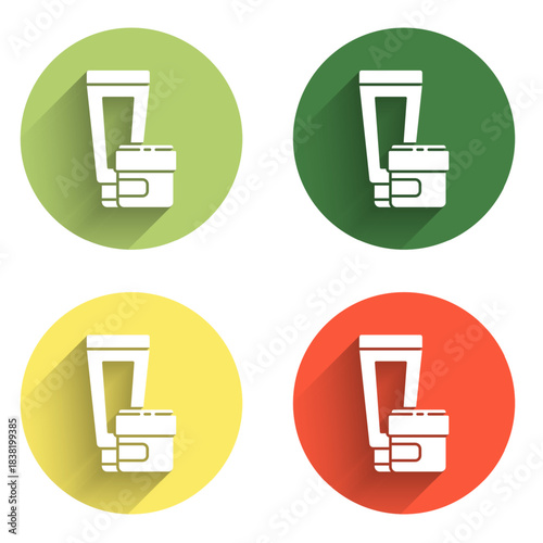 Set Cream or lotion cosmetic tube icon isolated with long shadow background. Body care products for woman. Color circle button. Vector
