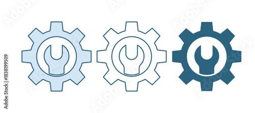 Blue Wrench spanner and gear icon isolated on white background. Adjusting, service, setting, maintenance, repair, fixing. Vector