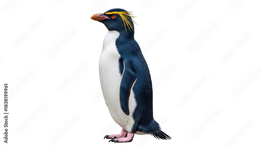 Obraz premium Isolated rockhopper penguin standing tall in close-up profile against neutral setting
