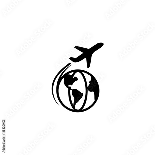 Iconic silhouette of an airplane taking flight over a stylized globe, symbolizing global travel and connectivity.