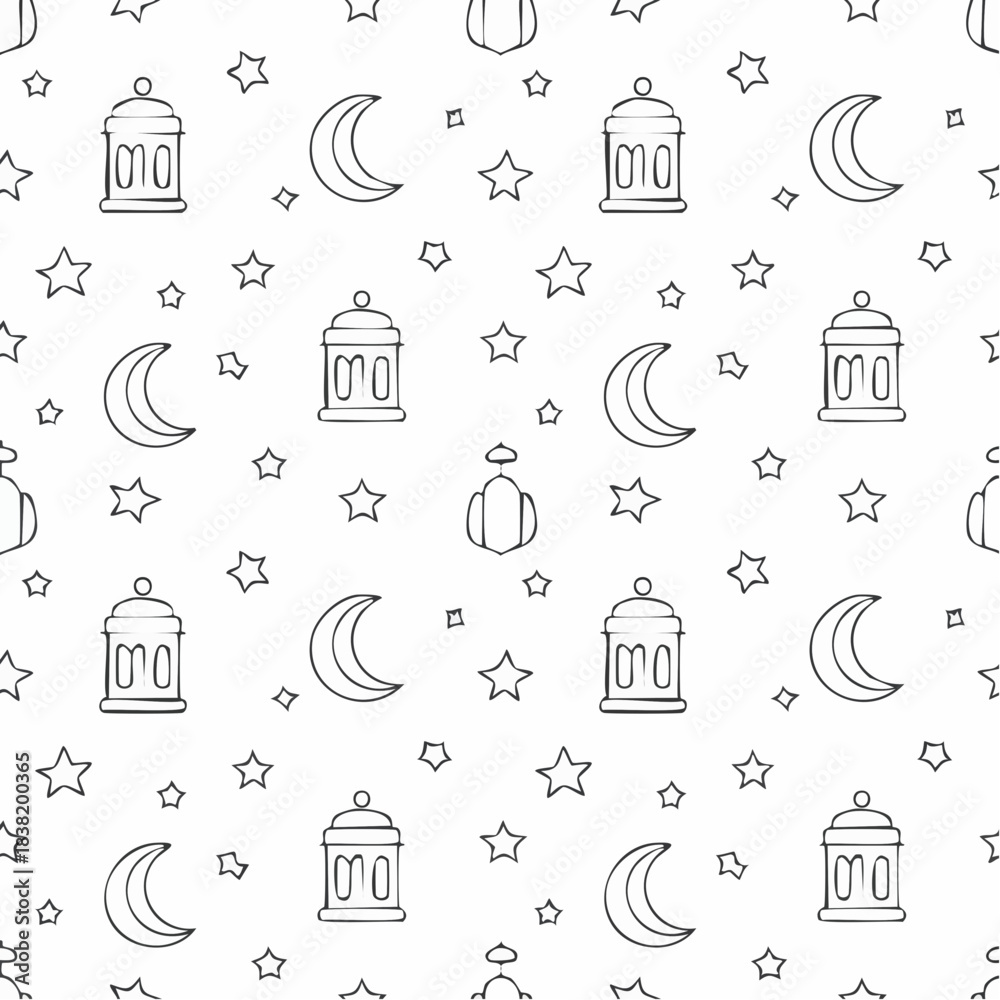 Fototapeta premium Ramadan Kareem Seamless Pattern with Lanterns, Moons, Stars Doodle